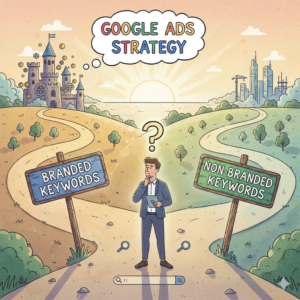 Illustration showing the choice between branded vs non branded keywords in Google Ads strategy.”